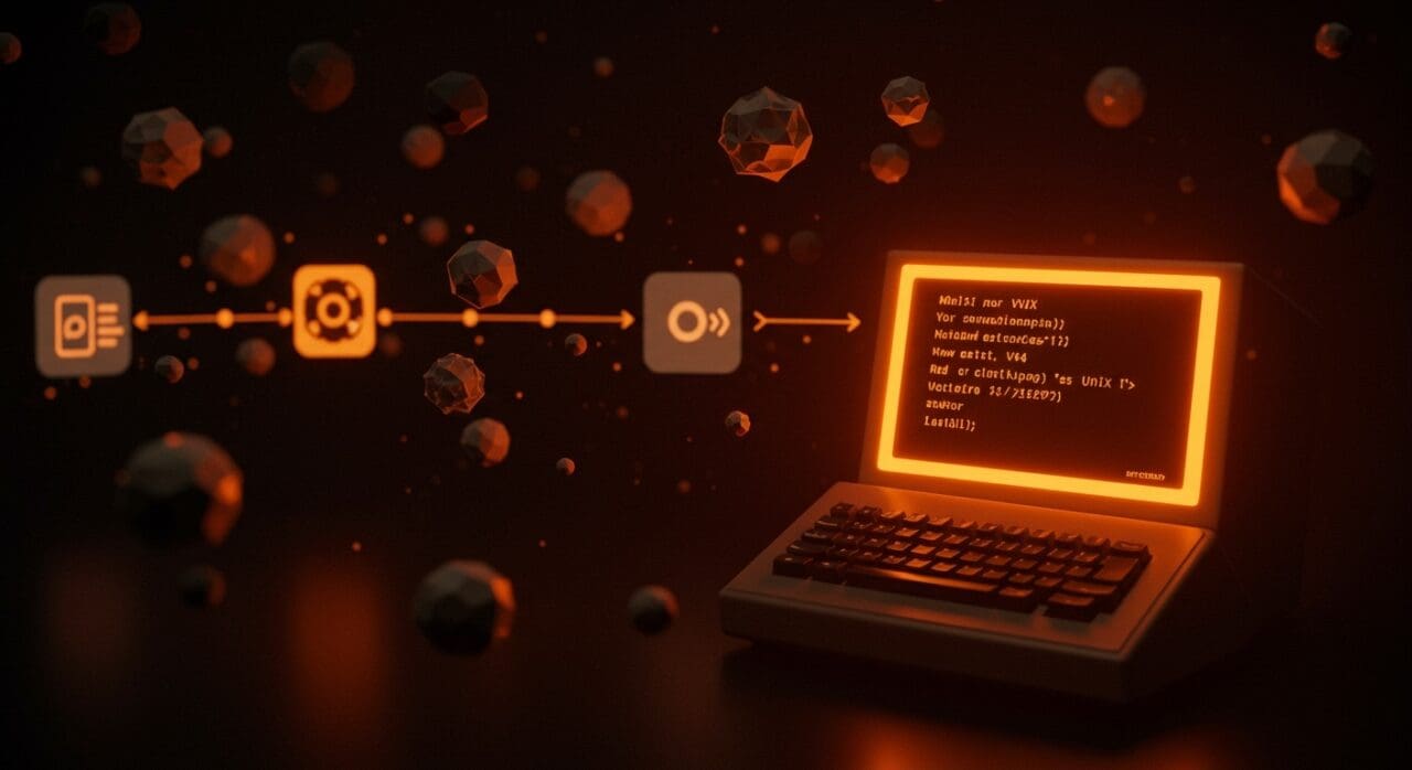 Terminal vintage con código Unix V4 iluminado en naranja y negro, simbolizando la evolución del software abierto y su impacto histórico en tecnología.