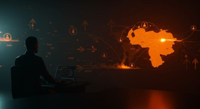 Impacto geopolítico del ataque de EEUU en Venezuela reflejado con símbolos de startups y tensiones en Latinoamérica.