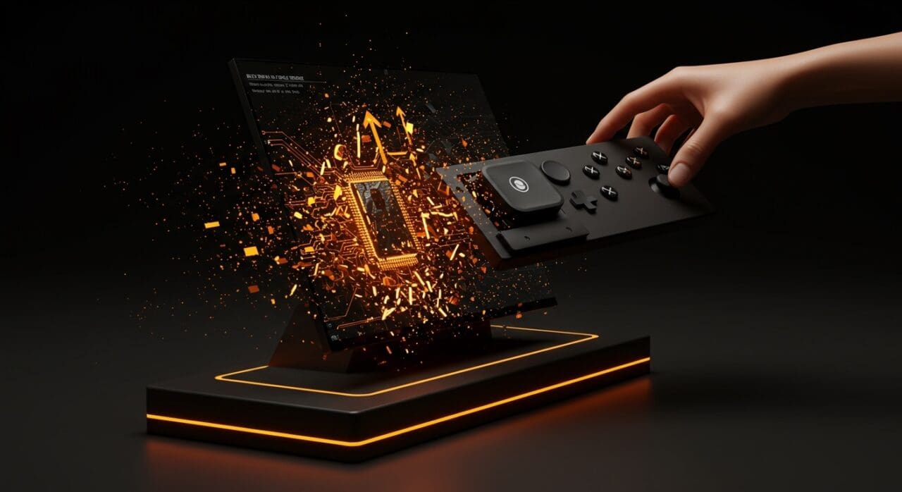 Steam Deck retirado en escena futurista, ilustrando la optimización de hardware gaming y tendencias del mercado tecnológico de Valve.