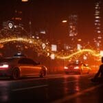 Vehículos autónomos circulando en una ciudad futurista con un fundador tecnológico observando, simbolizando tendencias clave y aceleración en movilidad autónoma en 2025.