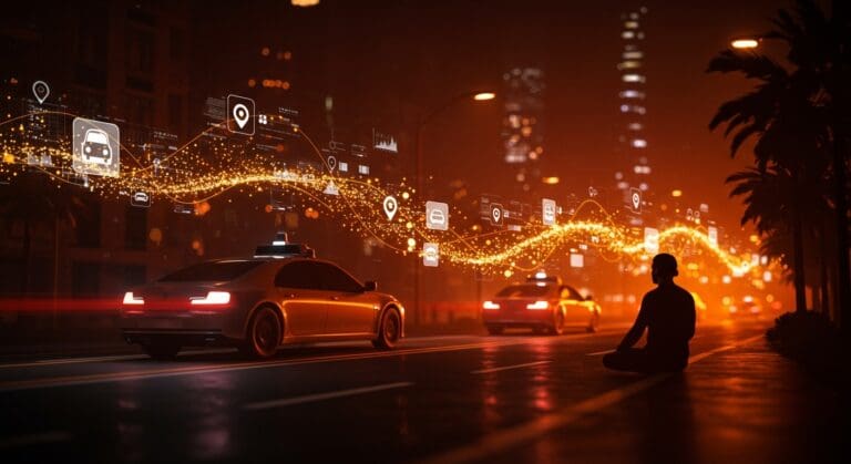 Vehículos autónomos circulando en una ciudad futurista con un fundador tecnológico observando, simbolizando tendencias clave y aceleración en movilidad autónoma en 2025.