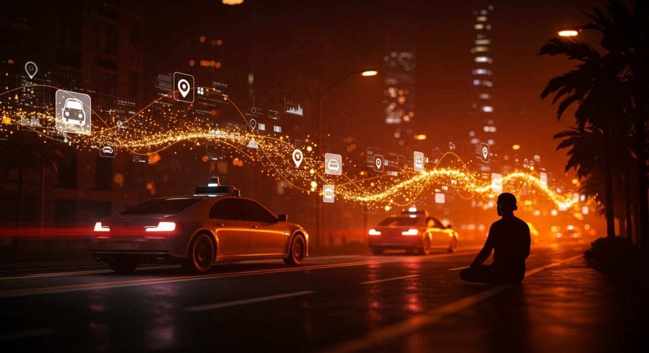 Vehículos autónomos circulando en una ciudad futurista con un fundador tecnológico observando, simbolizando tendencias clave y aceleración en movilidad autónoma en 2025.