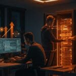 Equipo de startup configurando un servidor Matrix Synapse autoalojado, simbolizando control y privacidad en SaaS.