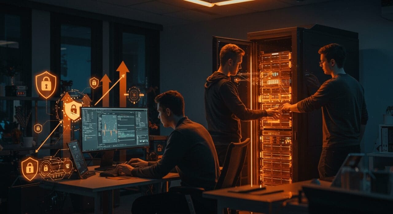 Equipo de startup configurando un servidor Matrix Synapse autoalojado, simbolizando control y privacidad en SaaS.