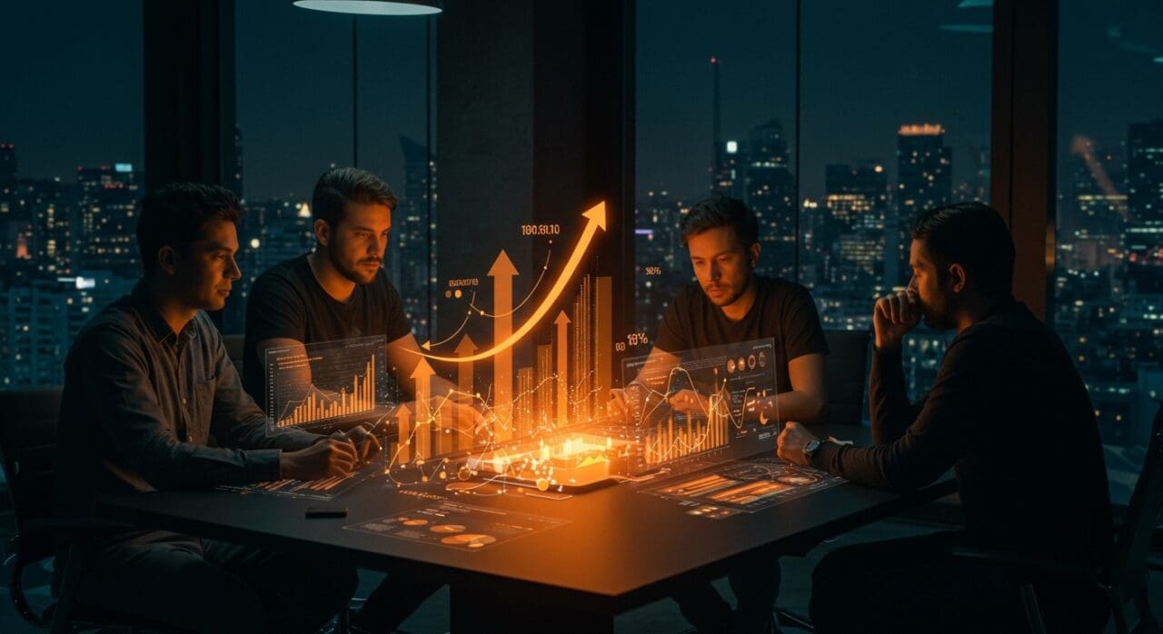 Startup LATAM recibiendo inversión de venture capital en un ambiente colaborativo con gráficos de crecimiento y simbolismos de escala regional y tracción.