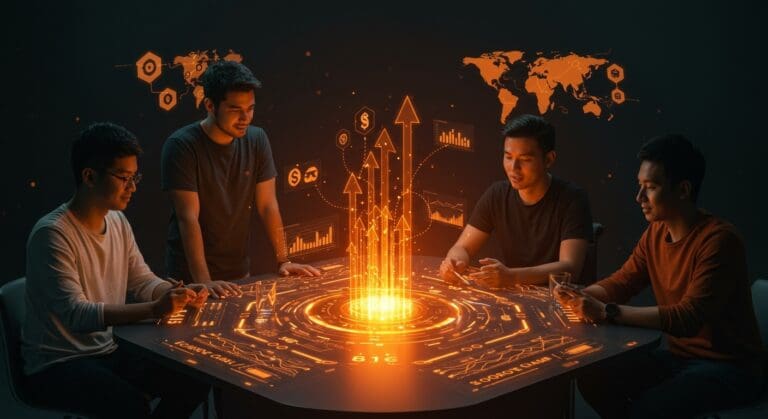 Fundadores de startups LATAM colaborando con metáforas visuales de venture capital y expansión regional en 2026.