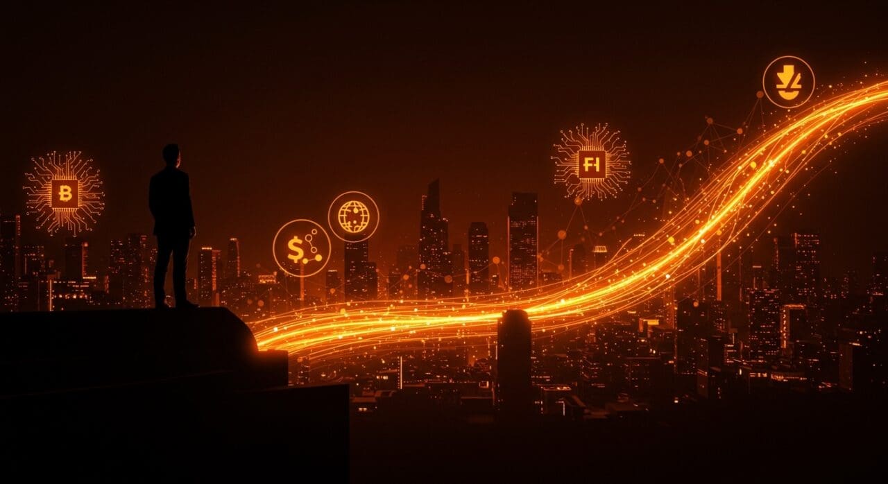 Líder empresarial brasileño con fondo digital representando venture capital, fintech e inteligencia artificial en LATAM.