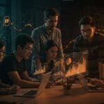 Inversionistas y emprendedores latinoamericanos colaborando en fintech y venture capital con gráficos digitales en un espacio moderno.