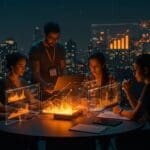 Fundadores de startups latinoamericanas colaborando con flujos de venture capital y metáforas visuales de inversión e impacto social en tecnología.