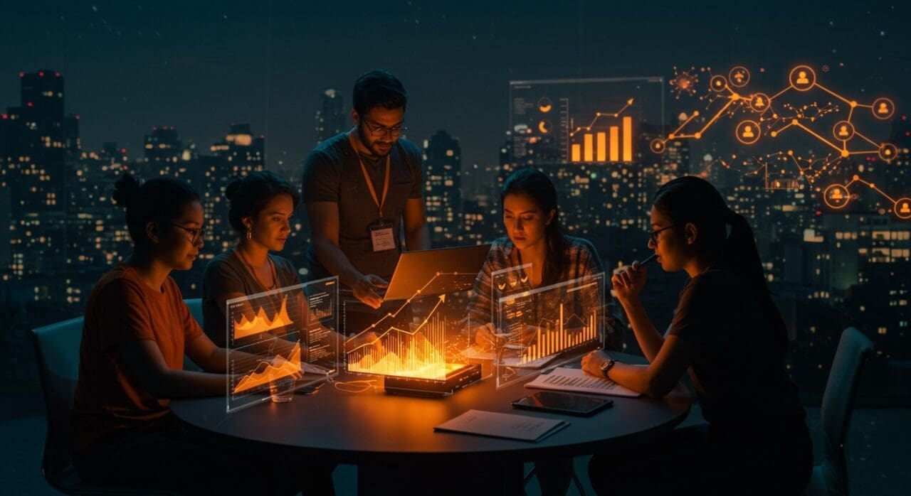 Fundadores de startups latinoamericanas colaborando con flujos de venture capital y metáforas visuales de inversión e impacto social en tecnología.