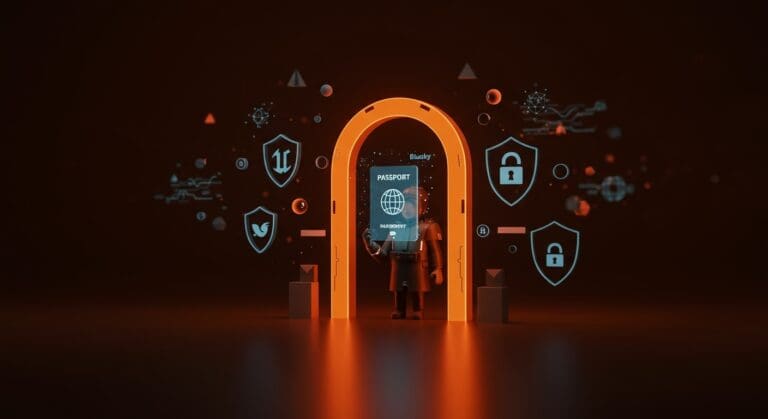 Verificación de edad digital con pasaporte holográfico, simbolizando privacidad y regulación en startups tecnológicas.