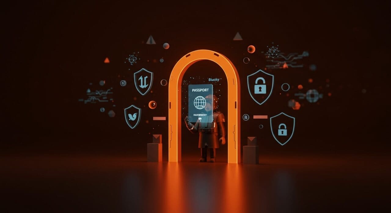 Verificación de edad digital con pasaporte holográfico, simbolizando privacidad y regulación en startups tecnológicas.