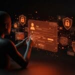 Verificación de edad digital representada con interfaz tecnológica, destacando riesgos de privacidad y regulación online según la Electronic Frontier Foundation.