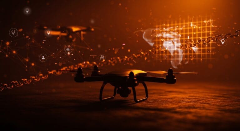 Impacto del veto de EE.UU. a drones extranjeros en el mercado tecnológico y startups de LATAM con metáforas visuales de restricciones y alternativas innovadoras.