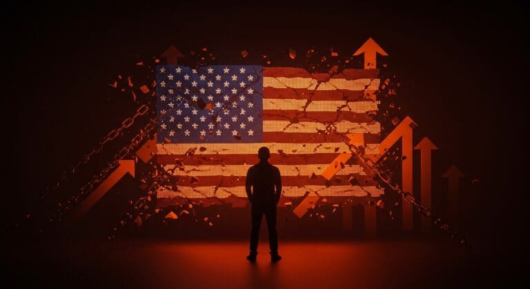 Impacto del veto migratorio de Trump en inmigrantes y emprendedores latinos en Estados Unidos con simbolismo de ciudadanía y desafíos.