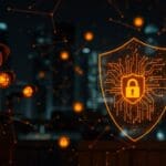 Escena urbana nocturna con cámaras de vigilancia inteligentes y escudo digital en naranja y negro, simbolizando la ciberseguridad y privacidad en tecnología de vigilancia para startups.