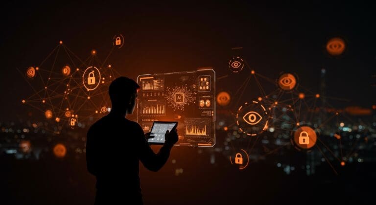 Silueta de fundador frente a interfaz digital que simboliza la vigilancia tecnológica de ICE, privacidad y regulación de datos en startups.