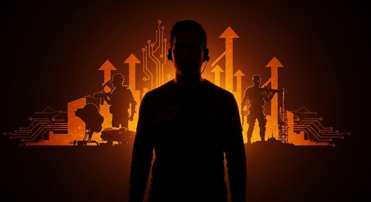 Retrato dinámico de Vince Zampella destacando su legado de innovación y liderazgo en la industria gaming con elementos icónicos de videojuegos.