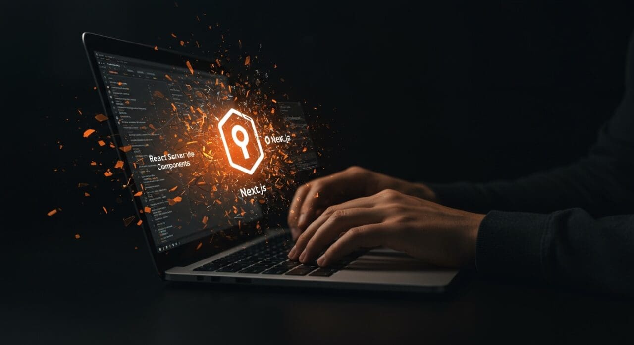 Vulnerabilidades en React Server Components de Next.js representadas con código y gráficos digitales en tonos naranja y negro para startups tecnológicas.