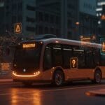 Waymo robotaxi escolar detenido en ciudad futurista ilustrando recall de software y desafíos de regulación en movilidad autónoma.