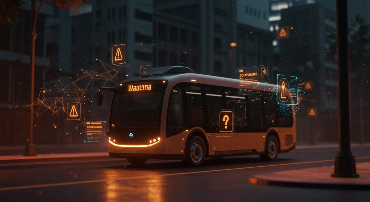 Waymo robotaxi escolar detenido en ciudad futurista ilustrando recall de software y desafíos de regulación en movilidad autónoma.