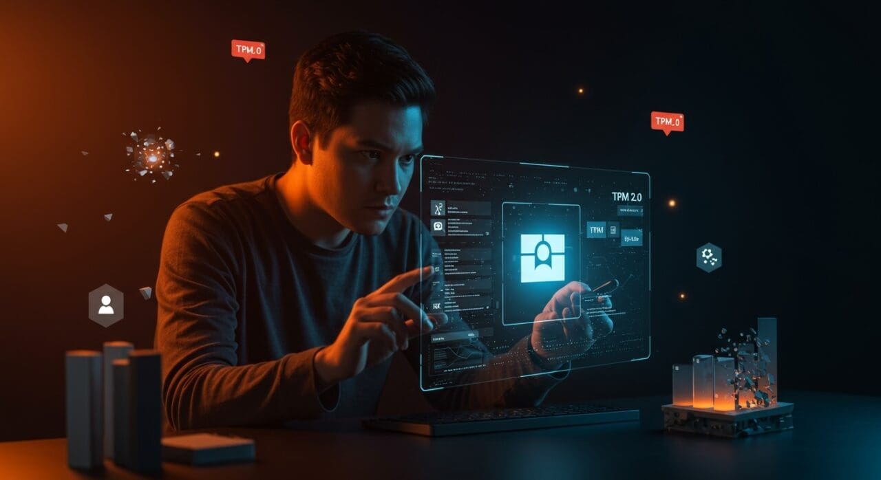 Fundador tecnológico enfrentando desafíos de Windows 11 y TPM 2.0 que afectan la experiencia de usuario y la estrategia startup.