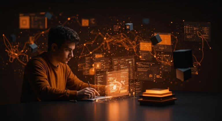 Escena de desarrollo web experimental con IA Telex de WordPress mostrando colaboración avanzada en vibe coding y herramientas tech para founders y equipos no-code.