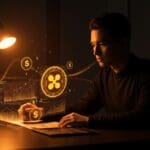 Founder fintech analizando datos blockchain con símbolos de XRP, Yellow y Ripple, ilustrando tendencias e impacto en el mercado cripto.