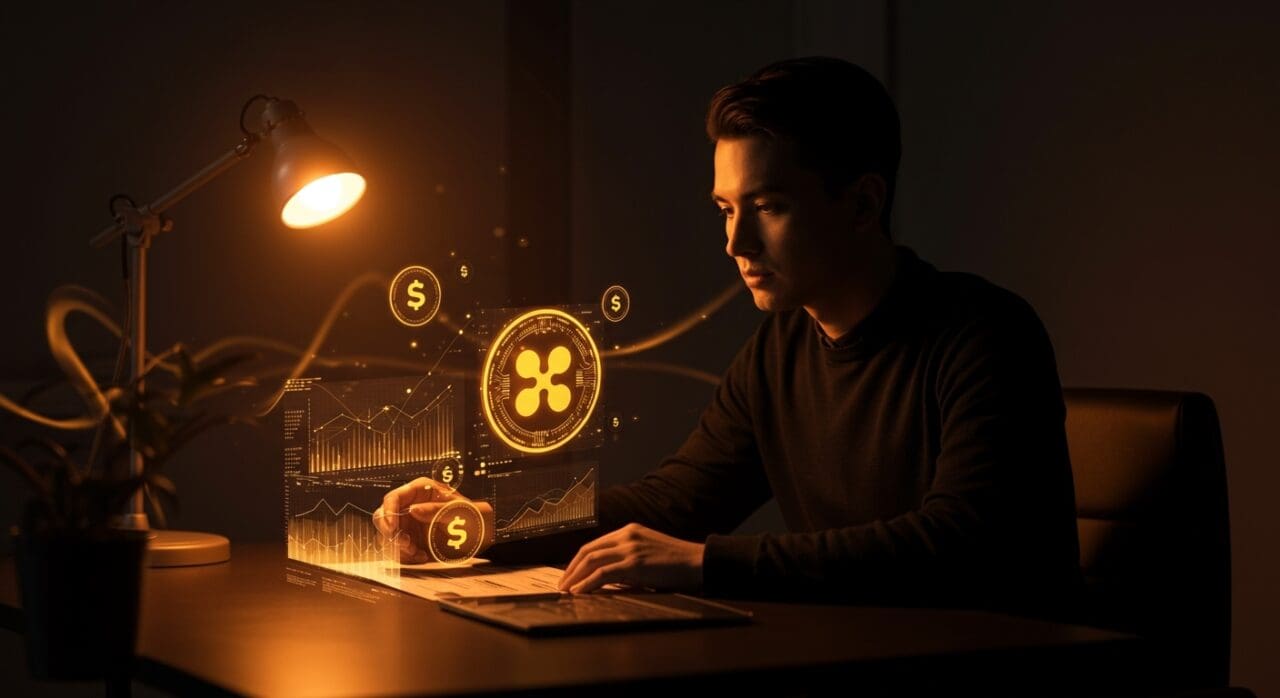Founder fintech analizando datos blockchain con símbolos de XRP, Yellow y Ripple, ilustrando tendencias e impacto en el mercado cripto.