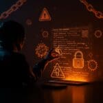 Experto en ciberseguridad analizando backdoor en software open source con metáforas visuales sobre vulnerabilidad y protección en Linux y cadena de suministro.