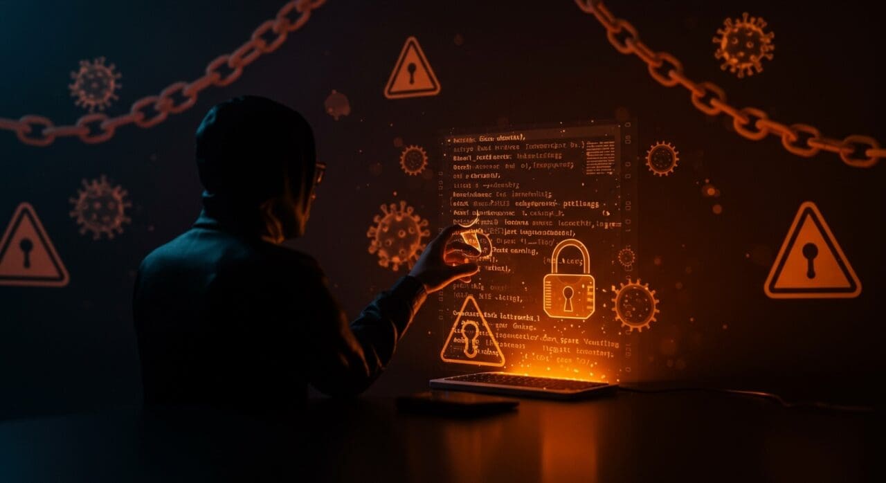 Experto en ciberseguridad analizando backdoor en software open source con metáforas visuales sobre vulnerabilidad y protección en Linux y cadena de suministro.