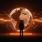 Yann LeCun frente a un modelo digital del mundo, simbolizando su startup de inteligencia artificial y su objetivo de financiación de 5 mil millones de dólares.