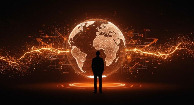 Yann LeCun frente a un modelo digital del mundo, simbolizando su startup de inteligencia artificial y su objetivo de financiación de 5 mil millones de dólares.