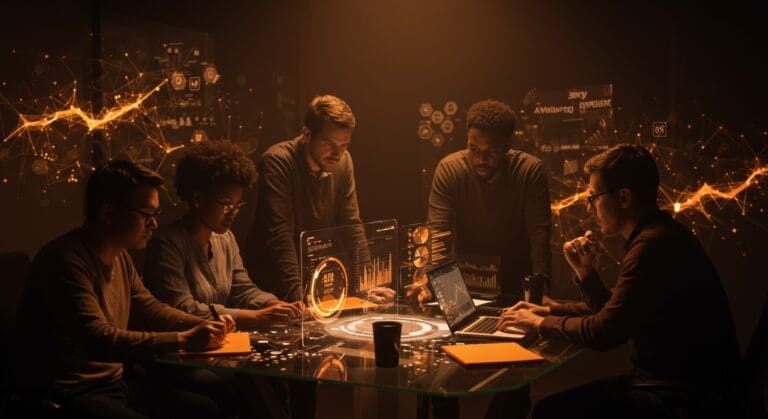 Fundadores tecnológicos colaborando con inteligencia artificial aplicada para impulsar la valoración y escalabilidad de su startup.