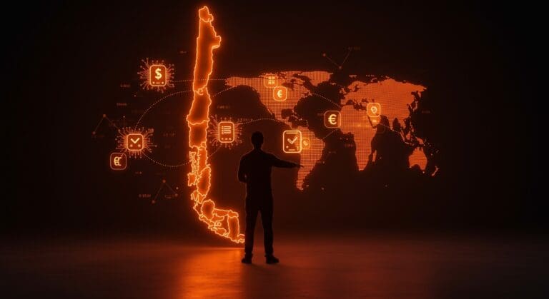 Fundador fintech frente a un mapa digital de Latinoamérica iluminado en naranja, simbolizando la expansión y la innovación en pagos digitales y inteligencia artificial en Chile y LATAM.