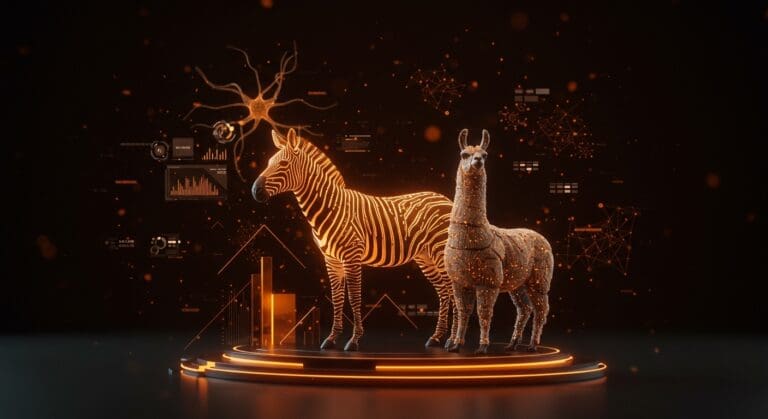 Modelo híbrido de inteligencia artificial Zebra-Llama destacando eficiencia en memoria, velocidad y costos para aplicaciones escalables en startups.