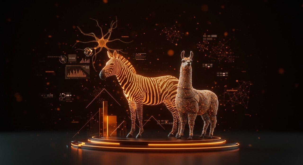 Modelo híbrido de inteligencia artificial Zebra-Llama destacando eficiencia en memoria, velocidad y costos para aplicaciones escalables en startups.