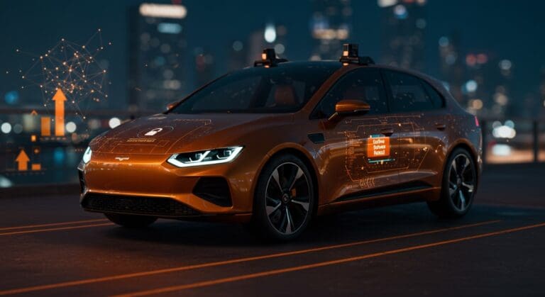 Vehículo autónomo Zoox en proceso de actualización de software destacando el recall por problemas de cruce de carriles, innovación en IA y movilidad.