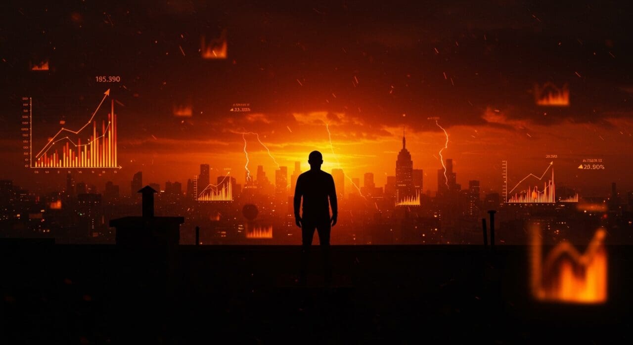 Impacto del calentamiento global y cambio climático en 2025 mostrado con emprendedor frente a ciudad bajo olas de calor y tendencias ambientales.