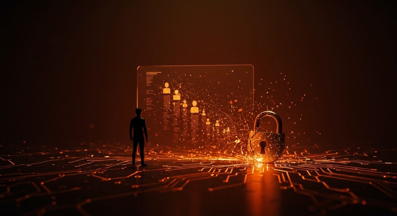 Acceso indebido a datos personales en entorno tecnológico, ilustrando riesgos legales y de seguridad en startups y compliance legal.