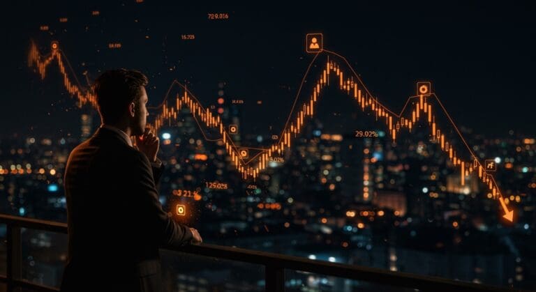 Ejecutivo de software preocupado observando la caída de acciones y la disrupción de inteligencia artificial en el mercado tecnológico 2026.