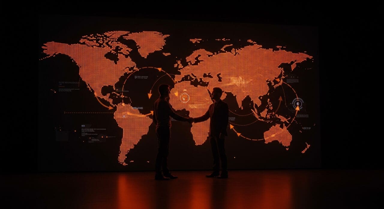 Acuerdo de libre comercio entre UE y Mercosur simbolizado por un apretón de manos digital con conexiones de comercio internacional y oportunidades para startups latinoamericanas.