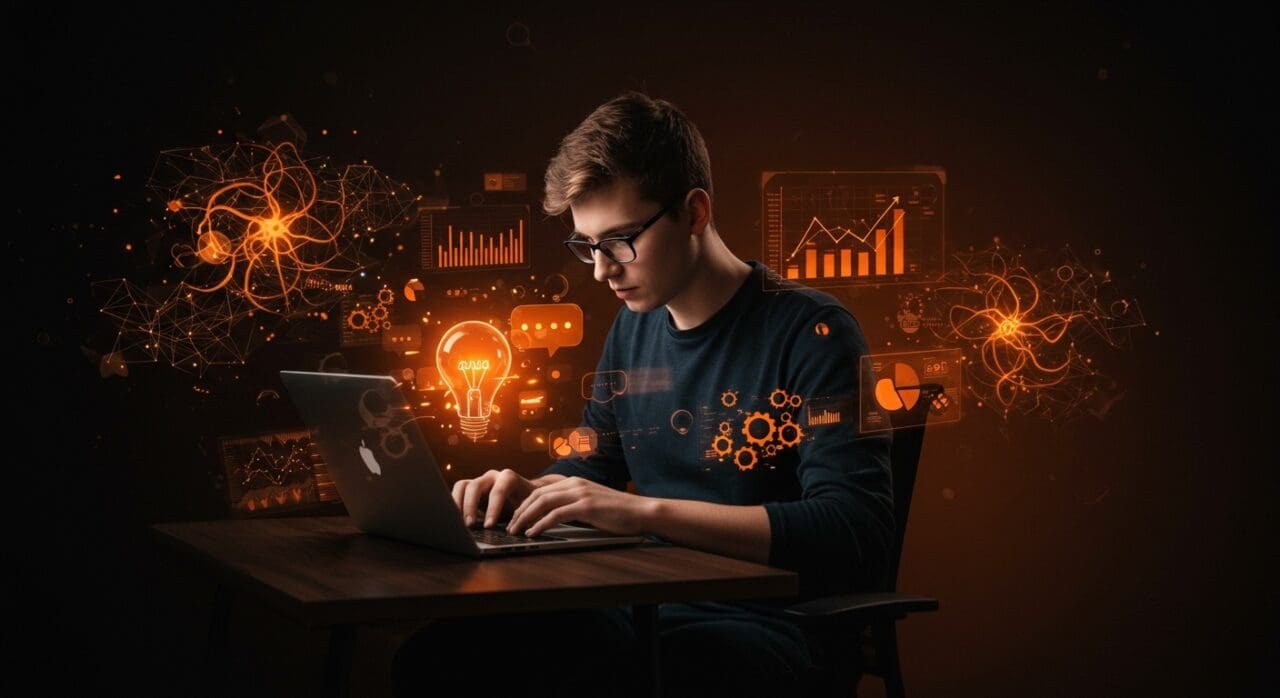 Founder tech con ADHD gestionando ideas y productividad en entorno digital con enfoque en salud mental y comunidad tech.