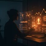 Fundador analizando una interfaz digital futurista con iconos de habilidades de inteligencia artificial para startups en 2026.