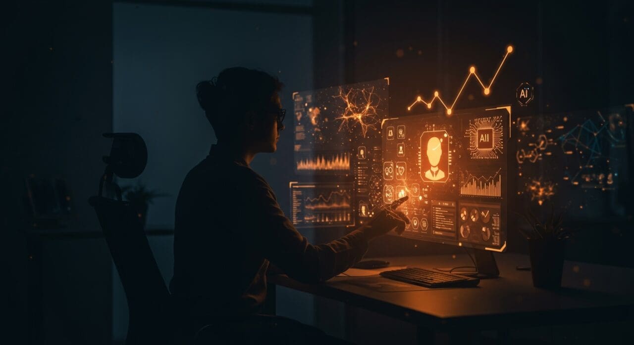 Fundador analizando una interfaz digital futurista con iconos de habilidades de inteligencia artificial para startups en 2026.