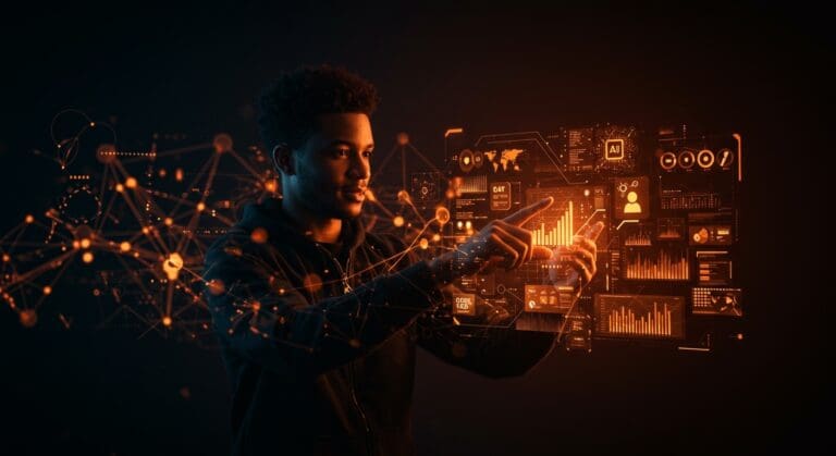 Fundador de startup interactuando con directorio de herramientas IA para automatización y productividad en ecosistema tecnológico.