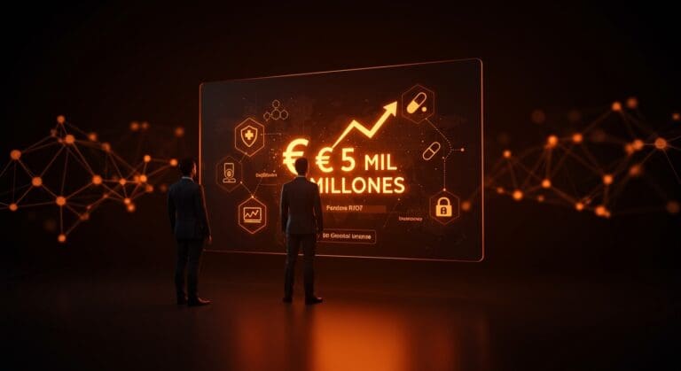 Fundador de startup healthtech delante de pantalla digital mostrando valoración de cinco mil millones de euros, simbolizando financiación e innovación en seguros digitales.