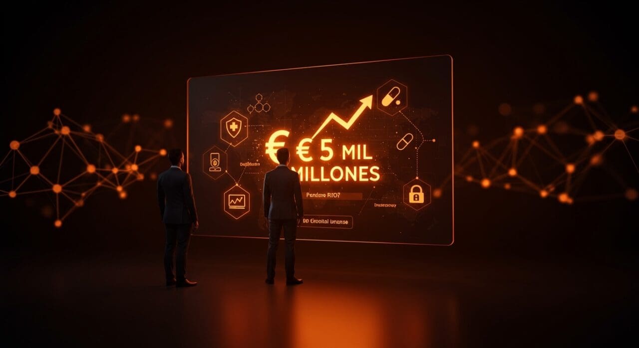 Fundador de startup healthtech delante de pantalla digital mostrando valoración de cinco mil millones de euros, simbolizando financiación e innovación en seguros digitales.