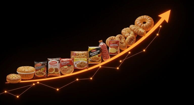 Alimentos ultraprocesados dominando el mercado americano con metáforas visuales de tendencias de salud y tecnología foodtech.