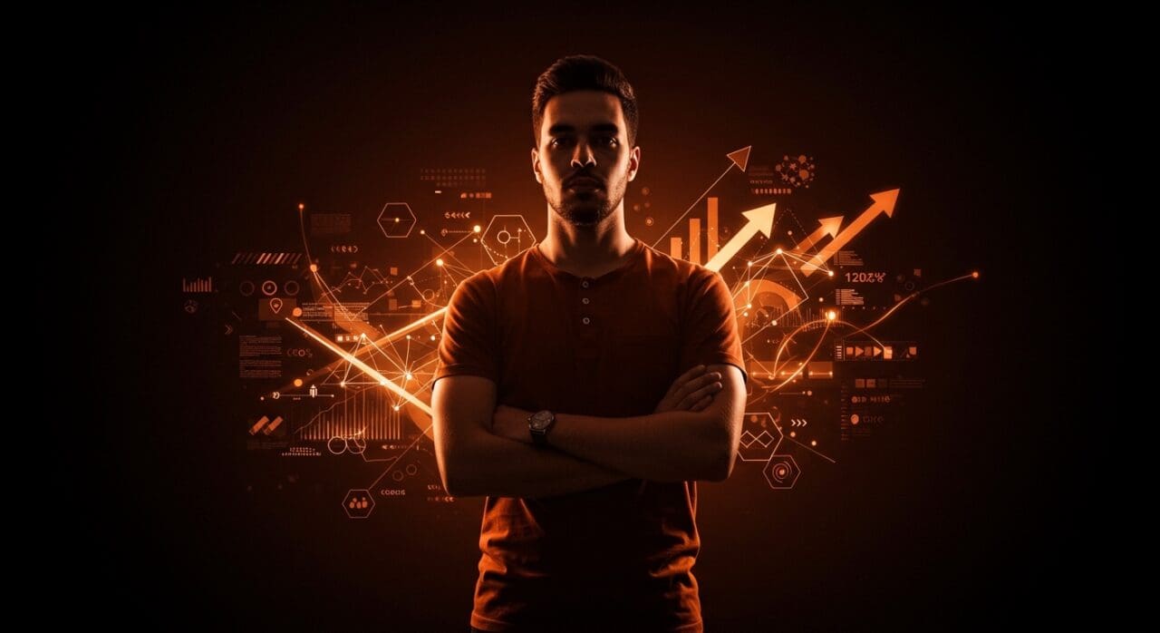 Founder enfocado rodeado de símbolos visuales de alto rendimiento humano y talento excepcional en contexto de innovación y desarrollo de talento.